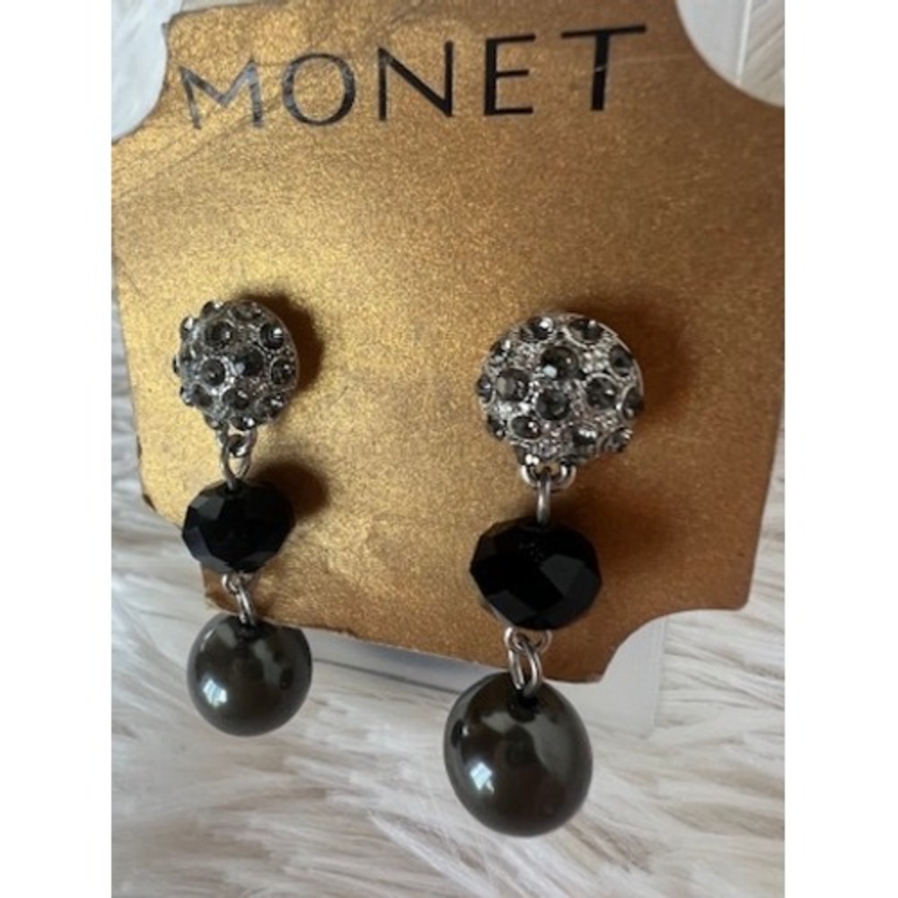 Monet Drop Earrings Black Silver Rhinestone Dangle Crystal Pearl Art Deco Glam - Picture 12 of 13